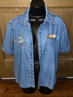 VTG Effeci Denim Embroidery Cat & Dog 90s Grandma Button Up Short Sleeve Size L